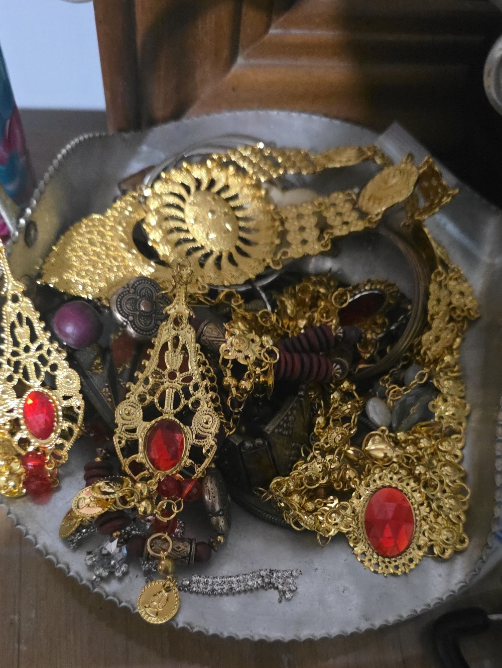 Vintage Jewelry Bundle Lot 10pc+Gold Red Statement Necklace Bangles Pearls Etc.